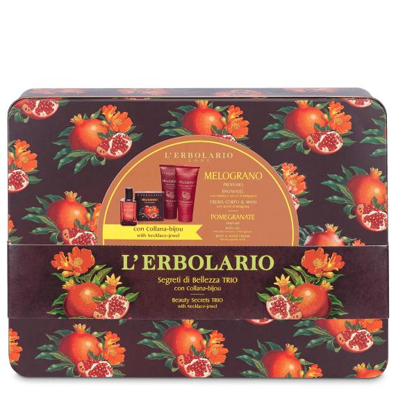 Melograno Segreti di Bellezza TRIO: Profumo 50 ml con Collana, Bagnogel 100 ml, Crema Corpo & Mani 